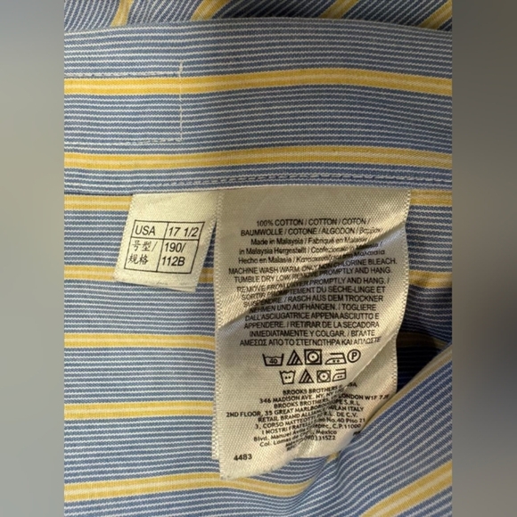 Brooks Brothers Button Down Striped Blue/White/Yellow Size 17 1/2 - 34 EUC - Picture 10 of 10